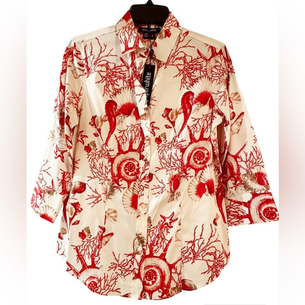 PAPERWHITE Button Up Blouse Magenta Pink Off white Seashell pattern Cotton NWT
